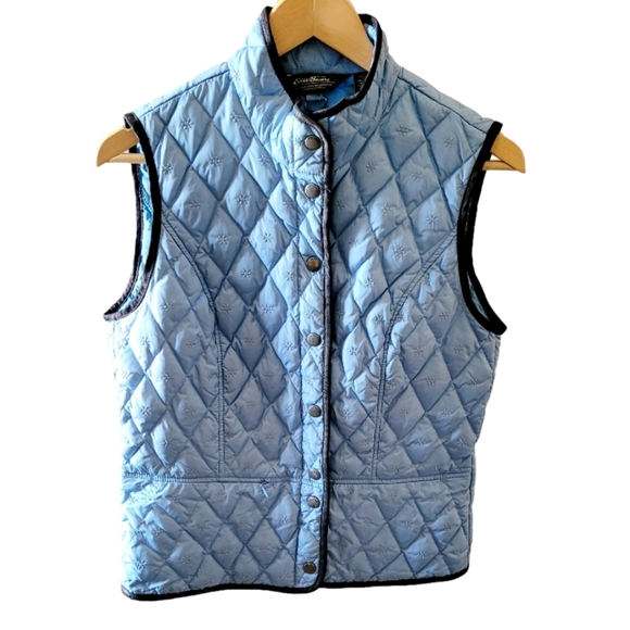 Eddie Bauer Down Filled Quilted Snowflake  Baby Blue and Brown Vest Size Med. - Picture 1 of 6